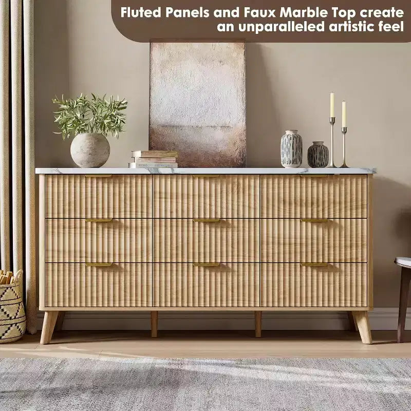 Kommode mit 9 Schubladen, gerillt, moderne Kommode, Holzkommode als TV-Ständer, geschwungenes Profil, für Wohnzimmer, Flur