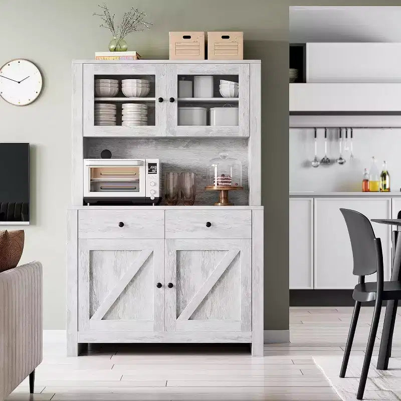 Küchenschrank mit Mikrowellenständer, Vitrinenschrank mit Anrichte und verstellbaren Einlegeböden, für Küche, Esszimmer