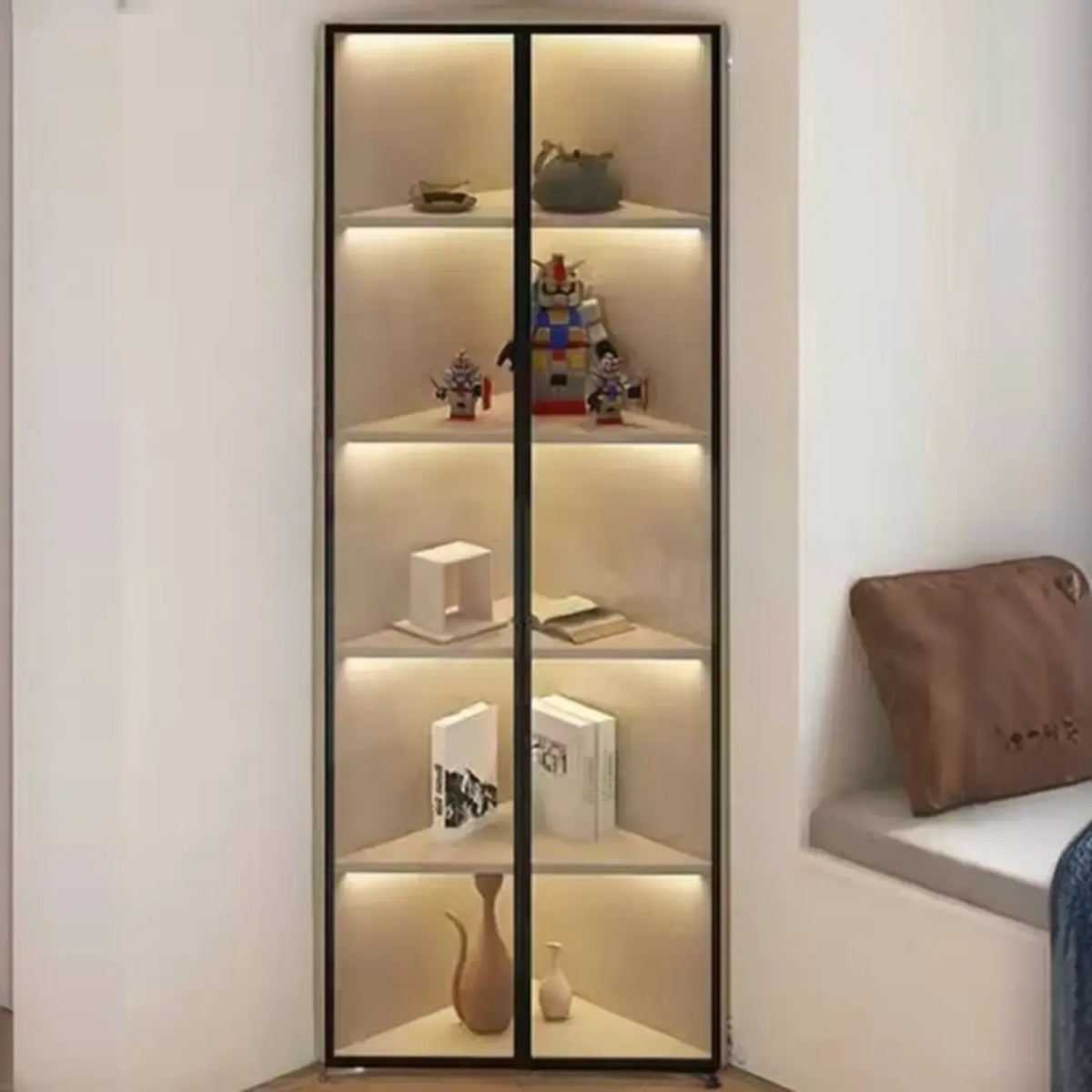 Modernes graues Eck-Standregal aus Metall und Holz mit Glastür