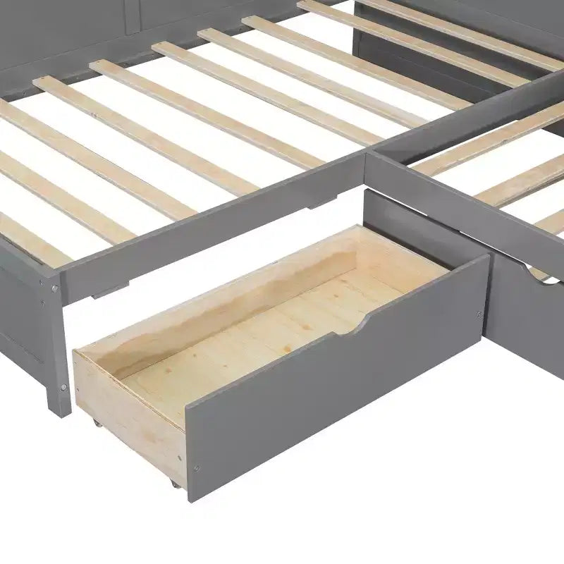 L-förmiges Plattformbett in Twin-Größe mit Rollbett und Ladestation, Holzbettgestell mit Bücherregal