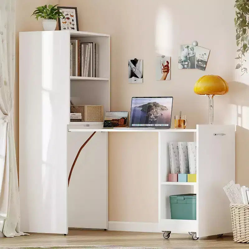 MooxvMoo Ausziehbarer Schreibtisch mit Ablageflächen und Rollen, klappbarer Computertisch für kleine Wohnungen und Home Offices, Weiß