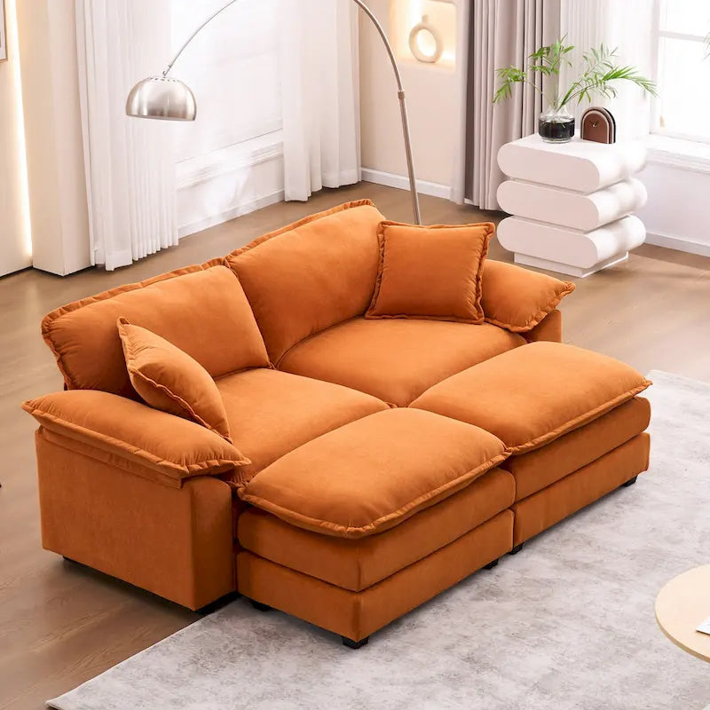 2-Sitzer-Sofa mit 2 Kissen, 2 Polstern und 2 Hockern, bequemes Sofa – Tiefes Wohnzimmersofa, Modulsofa