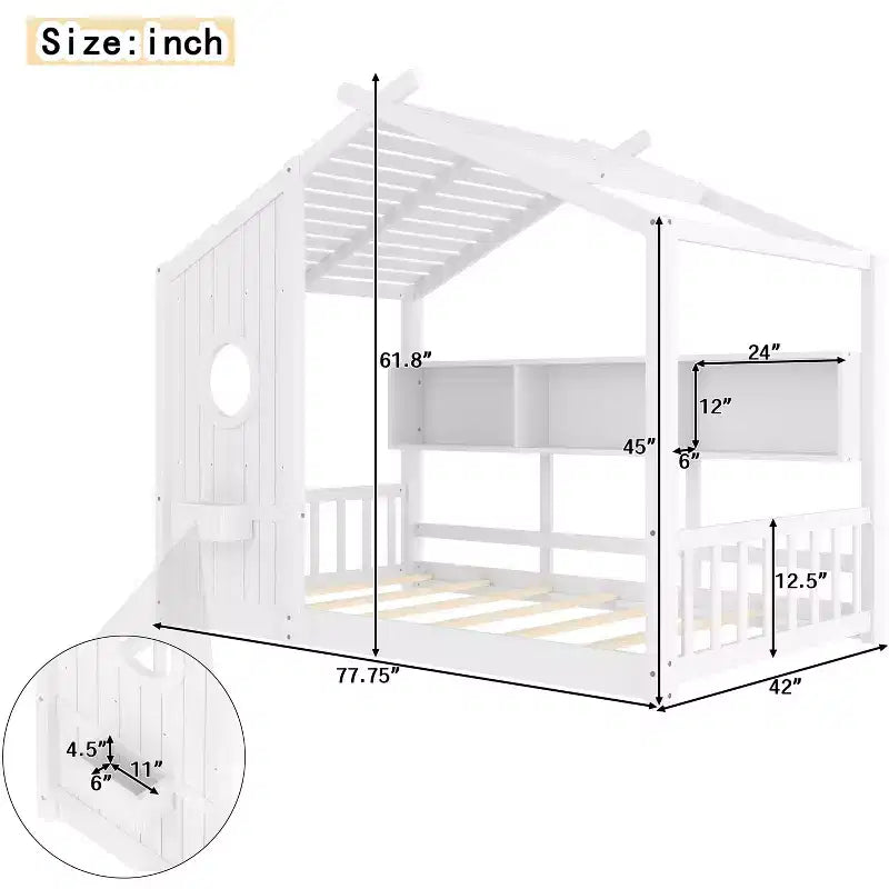 Bodenhausbett mit integrierten Ablageregalen & Lattenrost