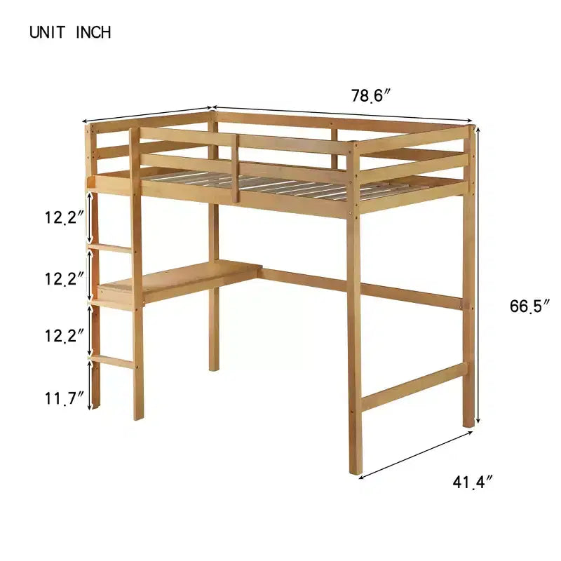 Okak Minimalism Hochbett mit Leiter, Hochbett aus Kautschukholz mit Sicherheitsgeländer und integriertem Schreibtisch, Bettrahmen für Kinder, Jugendliche