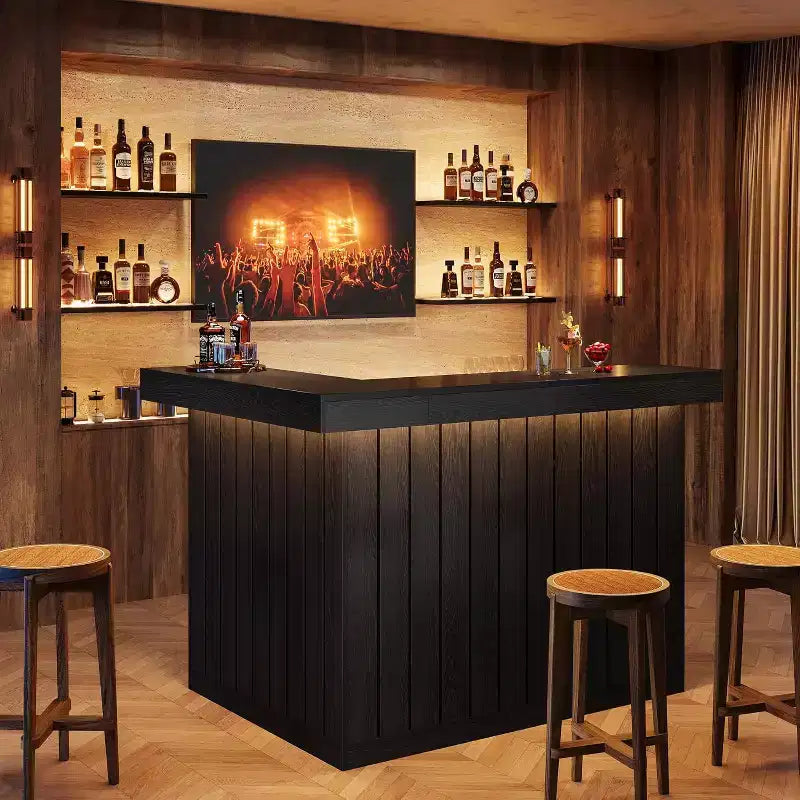 Lantine L-förmige Hausbar, 4-stöckiger Eck-Barmöbel mit Ablagefächern und Weinglashalter für die Hausbar