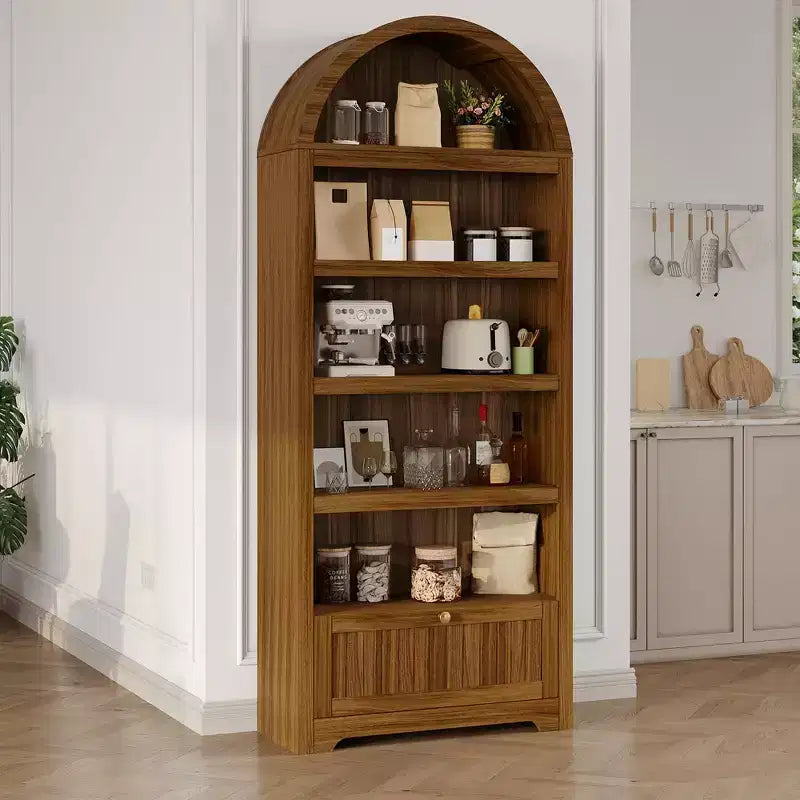 72" geschwungenes Bücherregal mit Aufbewahrungsschublade, modernes 6-stöckiges Holzregal mit offenen Fächern und unterer Schublade, gebogene Schranktür