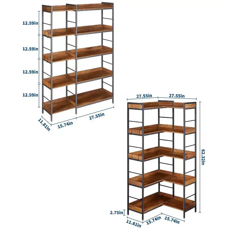 5-stufiges Eckregal in L-Form, 65 Industrieregal aus Holz und Metall (Rustikales Braun), wendbarer Stauraum für Wohnzimmer, Schlafzimmer und Home Office