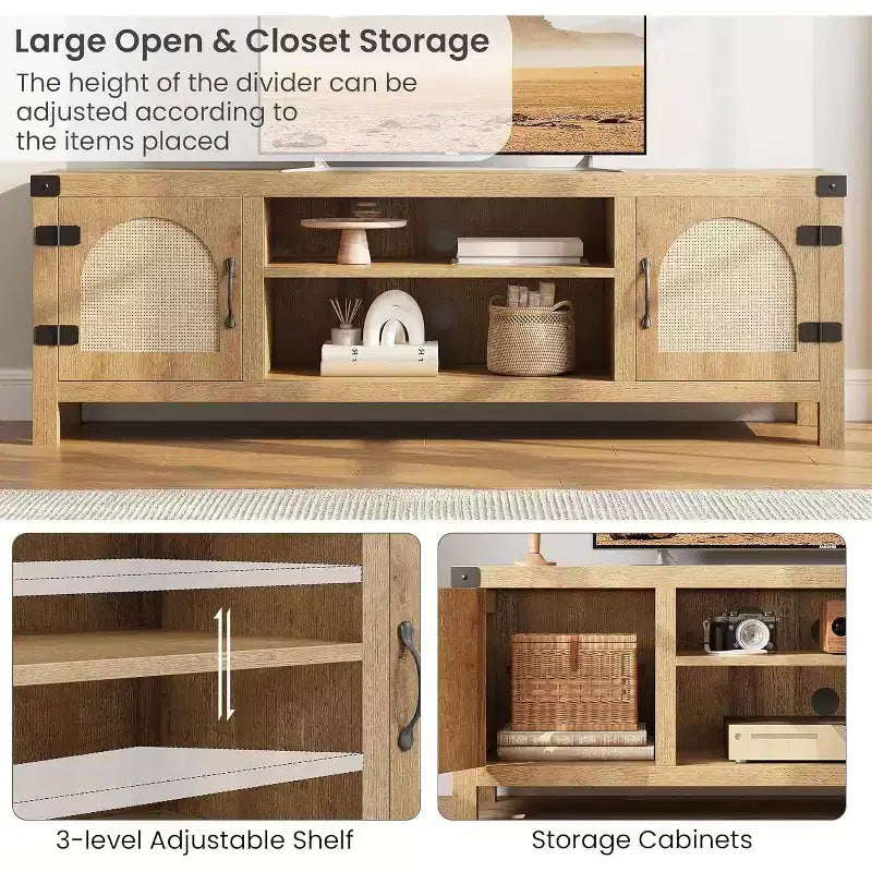 65-Zoll TV-Schrank im Bohème-Stil mit Rattantür – Hölzernes Entertainment-Center mit zwei Schränken und verstellbaren Einlegeböden, geeignet für Wohnzimmer