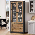 Farmhouse Küchenschrank mit Glastüren, 183 cm Vorratsschrank mit Schubladen und verstellbaren Regalböden für Esszimmer, Bad, Wohnzimmer