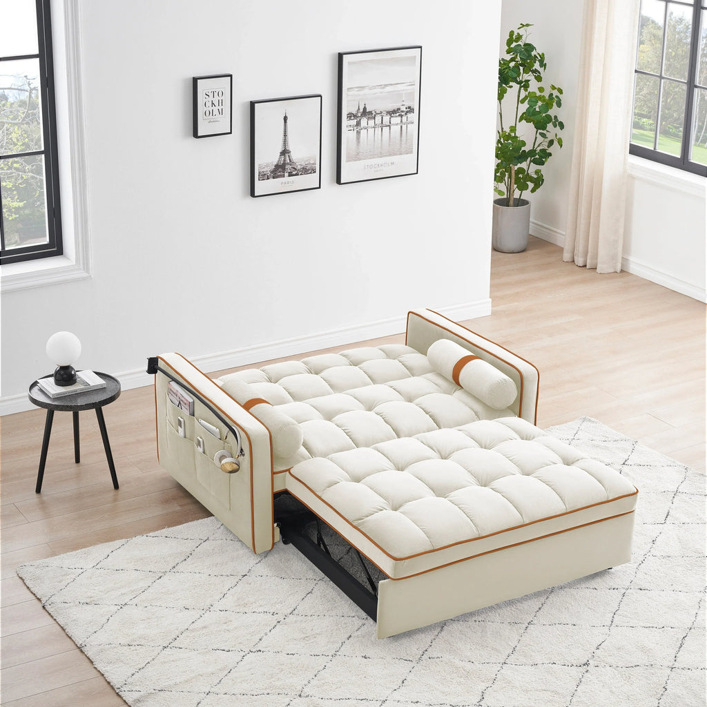 Samt-Schlafsofa zum Umbauen, 140 cm, 2-Sitzer, mit Ausziehbett, verstellbarer Rückenlehne, Seitentaschen und Handyhalterung