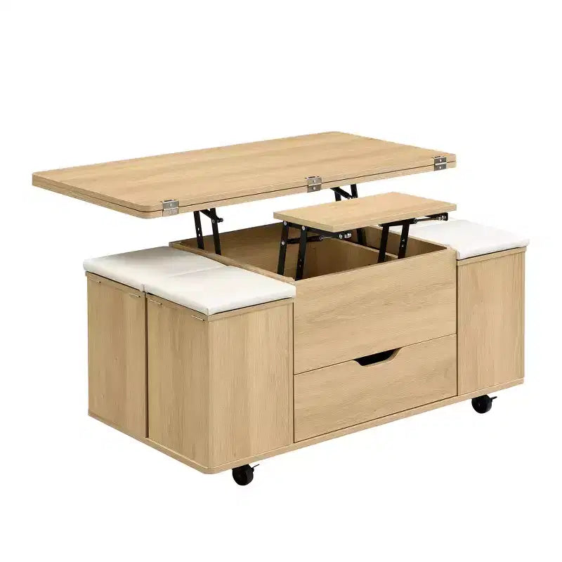Multifunktionaler moderner Couchtisch mit Hebefunktion, verstecktem Stauraum, 4 Hockern und Rollen, perfekt für moderne Wohnbereiche