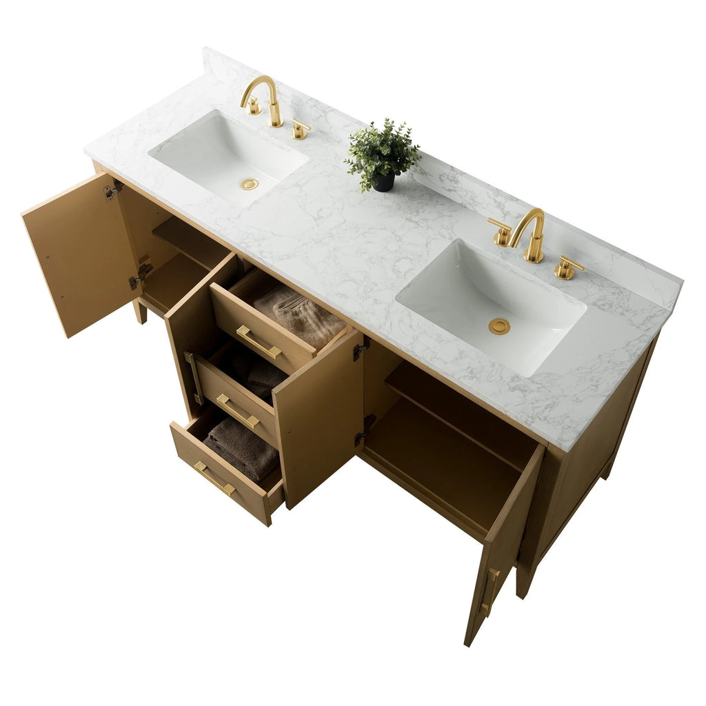 Vanity Art 72 Zoll Badezimmer-Waschtischunterschrank mit Doppelwaschbecken und Kunstmarmorplatte