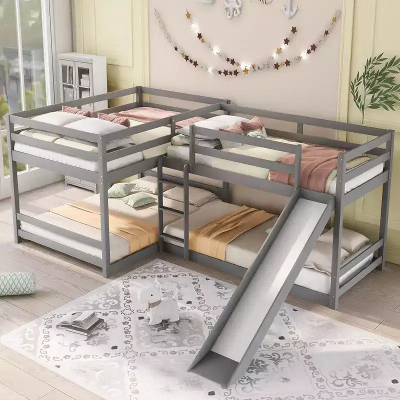 L-förmiges Etagenbett für 4 Kinder, Vierfach-Etagenbett mit Rutsche, Voll- und Twin-Holzrahmen für Schlafzimmer/Wohnheim