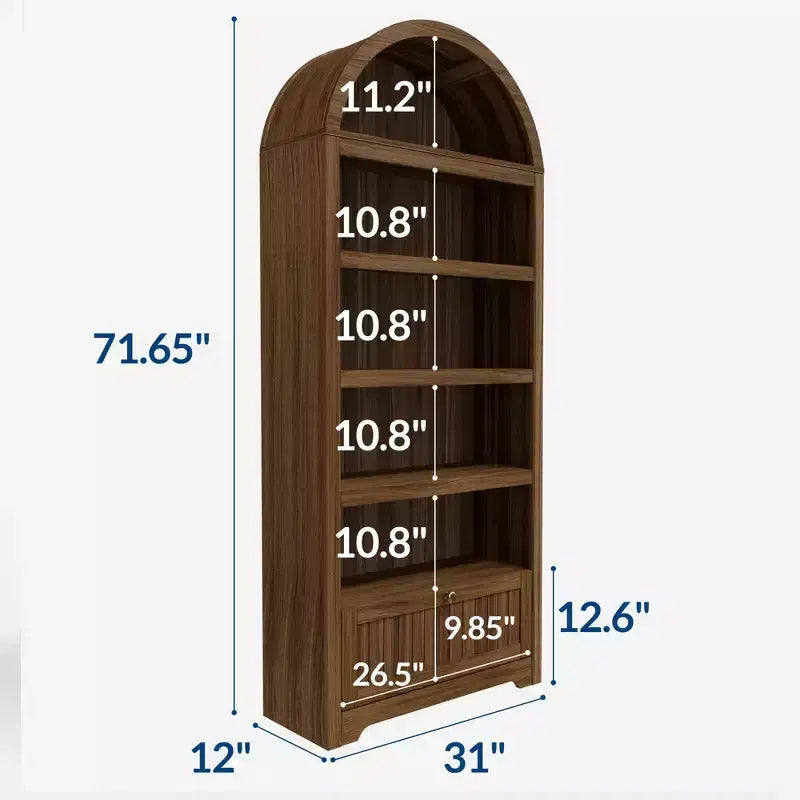 72" geschwungenes Bücherregal mit Aufbewahrungsschublade, modernes 6-stöckiges Holzregal mit offenen Fächern und unterer Schublade, gebogene Schranktür