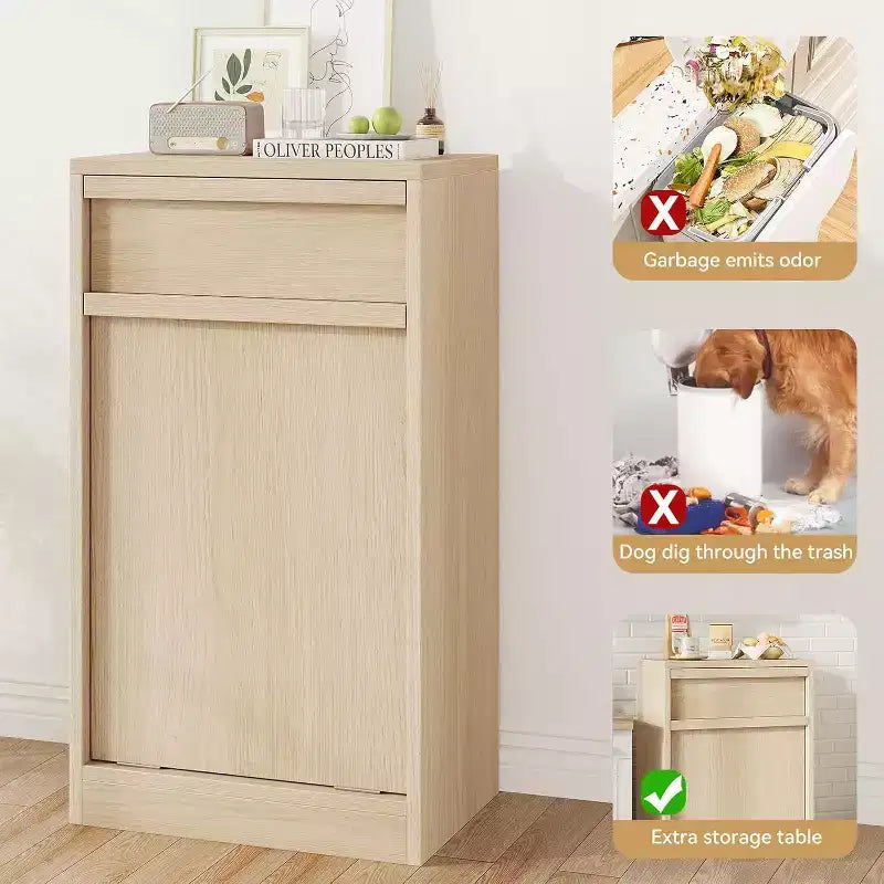 Kippbarer Mülleimer, natürliche Eiche, Mülleimer mit Stauraum und Schublade, versteckter Müllschrank, Wäschekorb für Küche, Esszimmer, Wohnzimmer