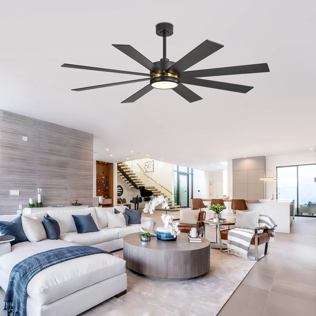 65-Zoll-LED-Deckenventilator mit 8 Flügeln, Licht und Fernbedienung, Schwarz