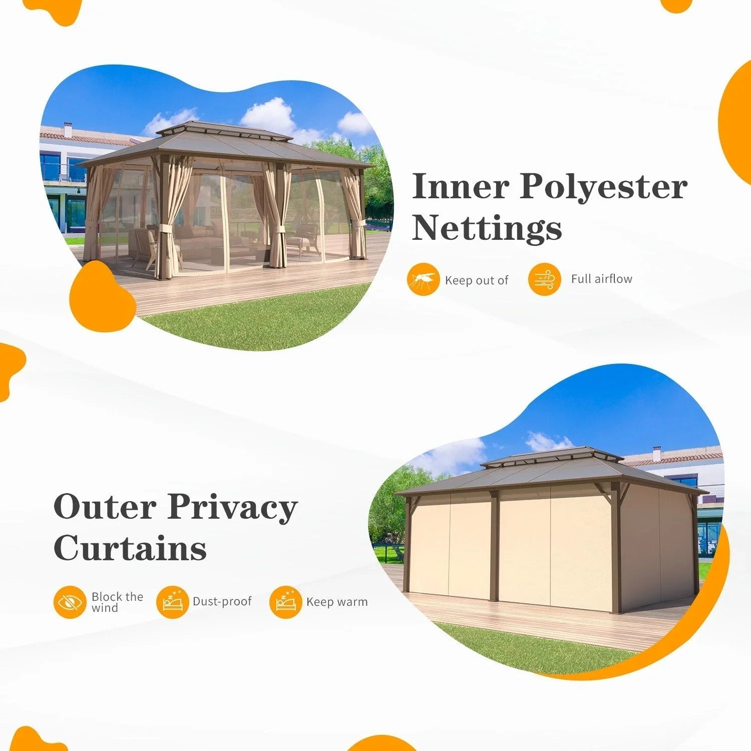 EROMMY Hardtop-Pavillon, Outdoor-Pergola mit Doppeldach & Netzen & Vorhängen, Hochleistungs-Canopy für Terrasse, Garten, Poolparty