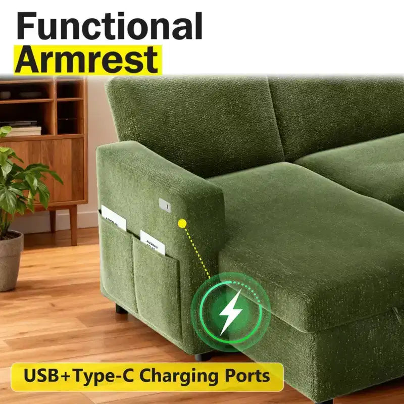 2-in-1 Schlafsofa zum Ausziehen mit Stauraum-Recamiere, Chenille-Ecksofa mit USB-Anschlüssen für das Wohnzimmer
