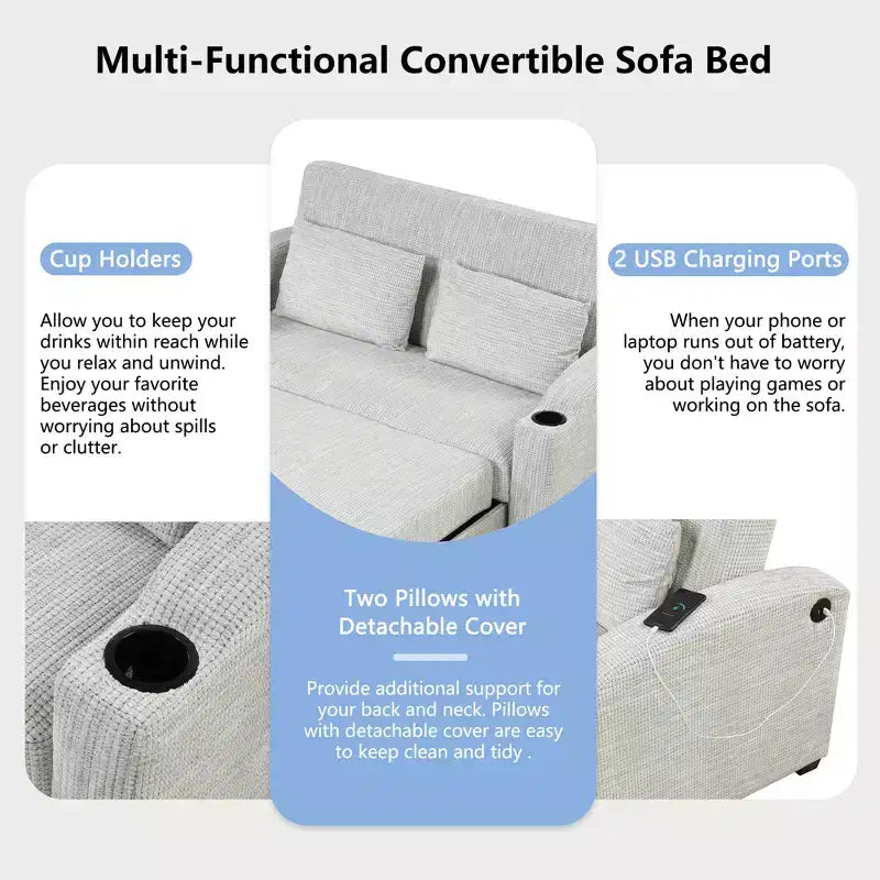 61.6 Modernes Chenille-Schlafsofa mit USB-Anschlüssen, Becherhaltern und verstellbarer Rückenlehne für Wohnzimmer, Apartment