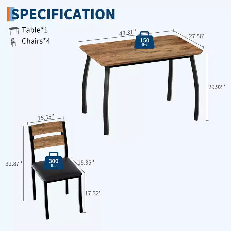 5-teiliges Küchenstuhl- und Tischset mit Metallrahmen und abgeschrägtem Design