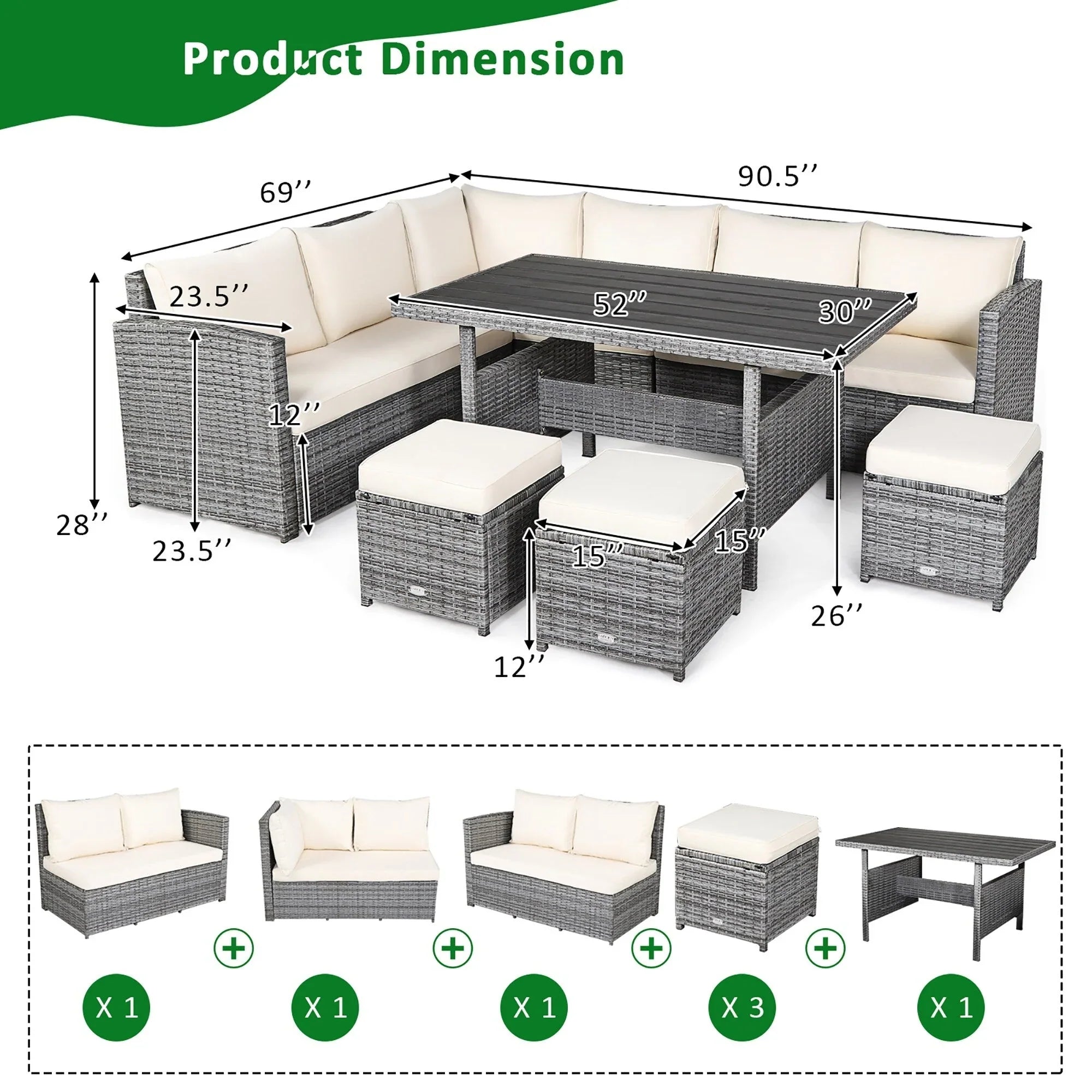 Costway 7-teiliges Terrassen-Essgruppe Rattan-Sofa Couch Ottomane – Details ansehen
