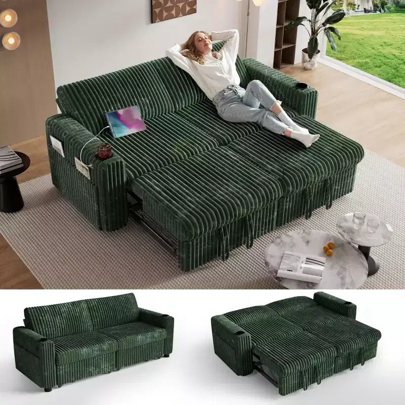 Dyonery 91 Sektional Schlafsofa mit Ausziehbett, verstellbarer Rückenlehne/zwei Ausziehbetten/USB-Anschlüssen/Getränkehaltern, Plüsch-Kordbezug