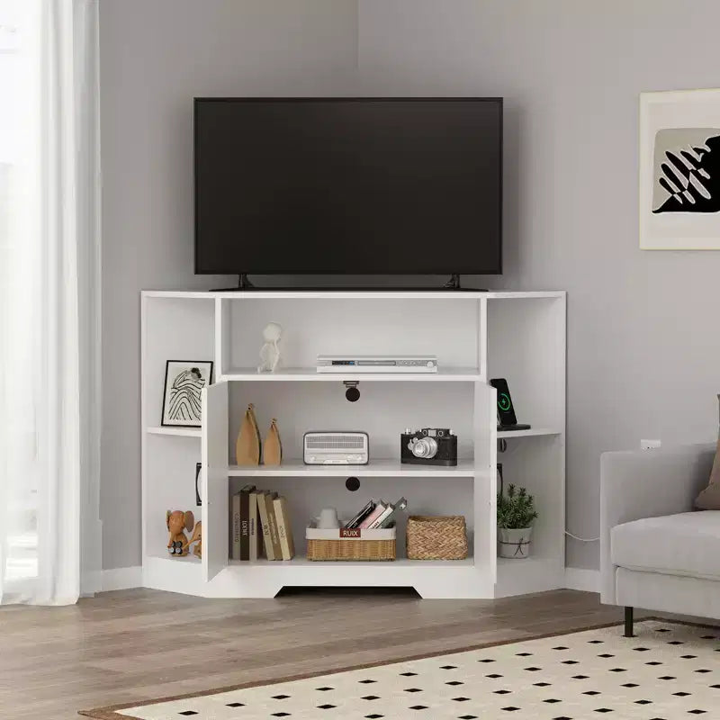 Eck-TV-Ständer für Fernseher bis 55 Zoll, Bauernhaus-Mediakonsole mit Scheunentüren, offenen Regalen und Aufbewahrungsschrank, Weiß