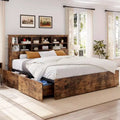 Doppelbettgestell mit Stauraum-Kopfteil, Holzbettrahmen mit 4 Schubladen, Stauraum-Bücherregal & King-Size-Plattformbett mit starker Metallunterstützung