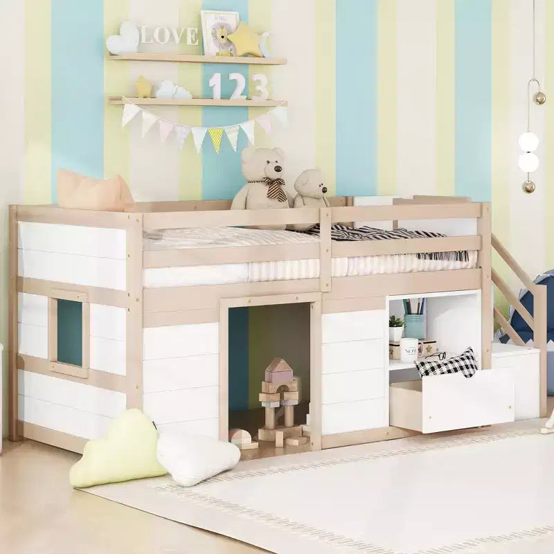 Okak Massivholz-Hochbett mit Treppe & Stauraum, Niedriges Etagenbett mit Schubladen & Regalen, Multifunktionales Hochbett für Kinder, Jugendliche