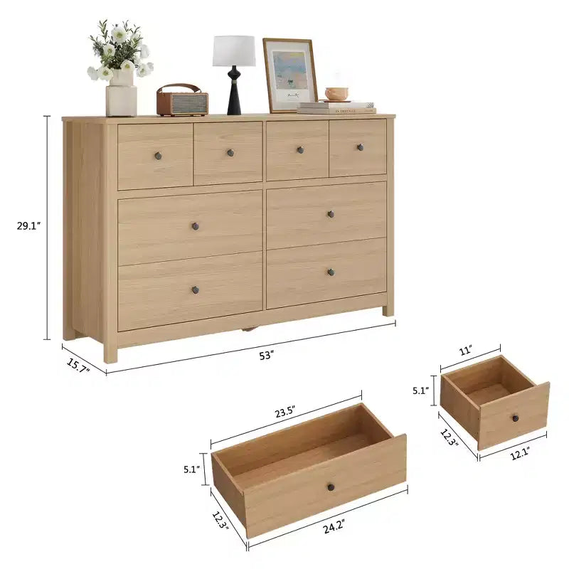 Moderne Kommode mit 8 Schubladen für das Schlafzimmer, breite Holzkommode mit viel Stauraum, freistehender Organizer-Schrank für das Wohnzimmer