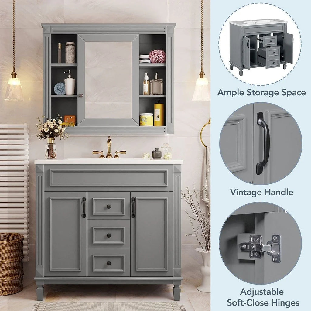 Moderner 36'' Badschrank mit Aufsatzwaschbecken und Spiegelschrank, 2 Türen und 2 Schubladen