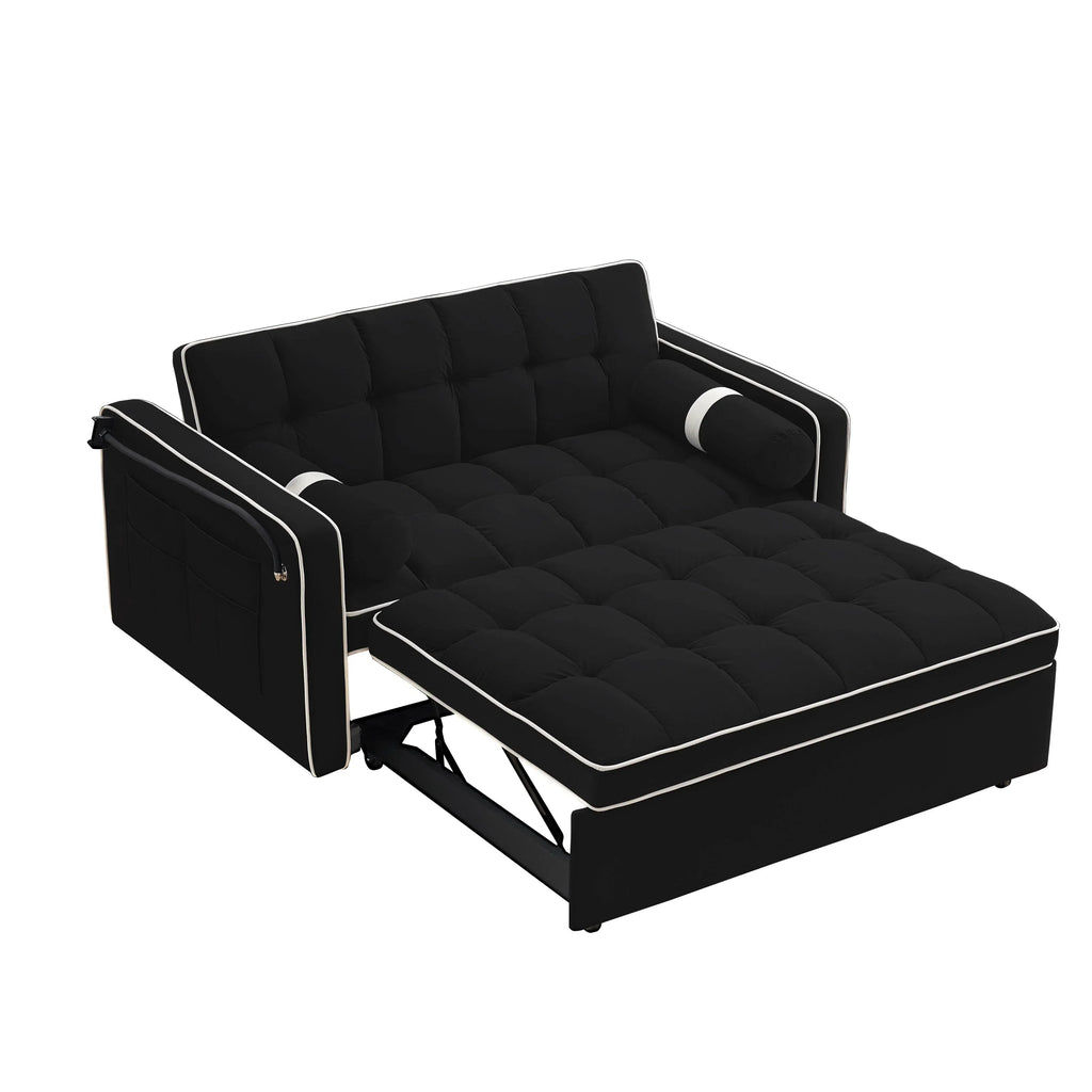 Samt-Schlafsofa zum Umbauen, 140 cm, 2-Sitzer, mit Ausziehbett, verstellbarer Rückenlehne, Seitentaschen und Handyhalterung