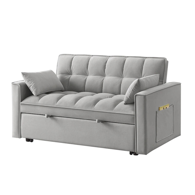 4-in-1 Loveseat Schlafsofa mit Armlehnen & Aufbewahrungstaschen, Multifunktionales getuftetes Ausziehsofa mit verstellbarer Rückenlehne