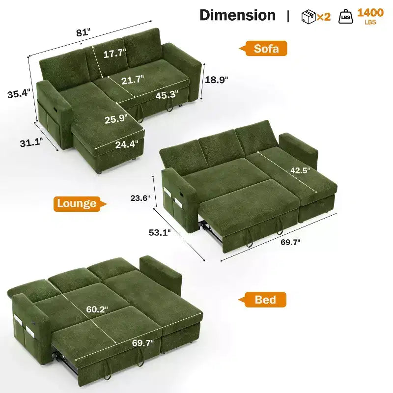 Dyonery 81 Sektional-Schlafsofa, L-förmige Ausziehcouch mit beidseitigem Stauraum, USB, verstellbare Rückenlehne