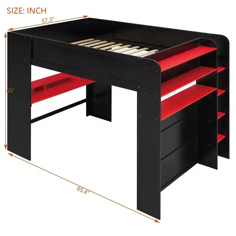 Luxystar Hochbett in voller Größe mit beleuchtetem, verstellbarem Schreibtisch, offenem Kleiderschrank und Bücherregal