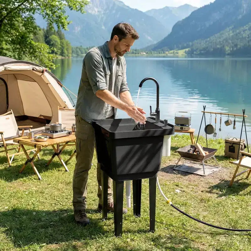 Tragbarer Spülbecken Waschtrog, Freistehendes Waschbecken mit Wasserhahn Seifenspender Schläuchen