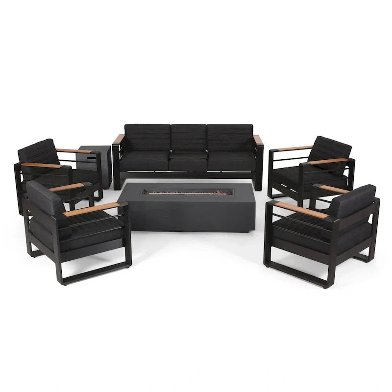 Giovanna Outdoor 7-Sitzer-Loungeset aus Aluminium mit Feuerstelle von Christopher Knight Home