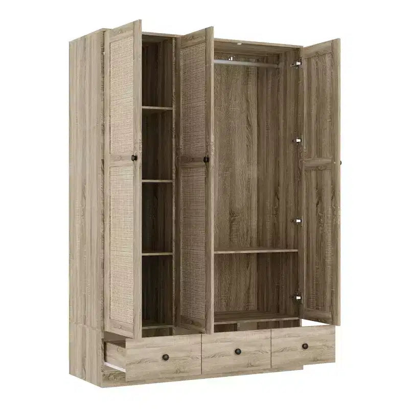 Famapy Rattan Kleiderschrank mit 3 Schubladen, 3 atmungsaktiven Rattan-Türen, Hochschrank im Bauernhausstil für das Schlafzimmer