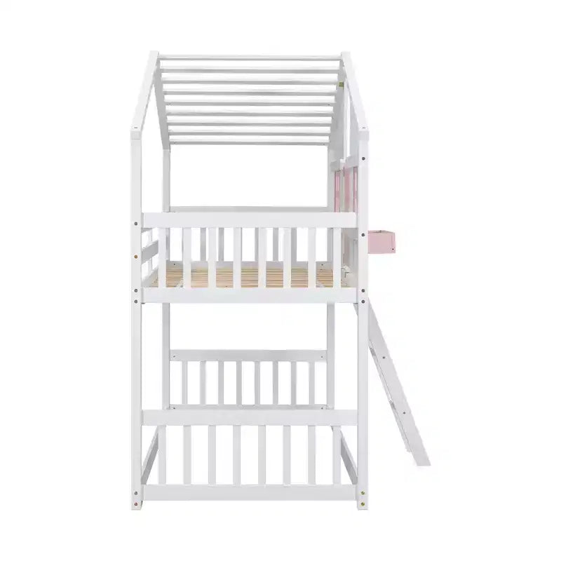 Doppel-Loftbett in Hausform, Holzspielhaus-Loftbett mit Leiter und Schutzgittern für Kinder