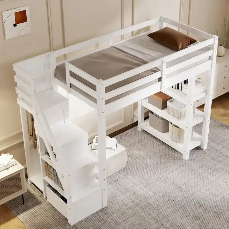 Hochbett mit Stauraumtreppe (Einzel-/Doppelbett) – Regale, Kleiderschrank & LED-Beleuchtung, platzsparendes Design