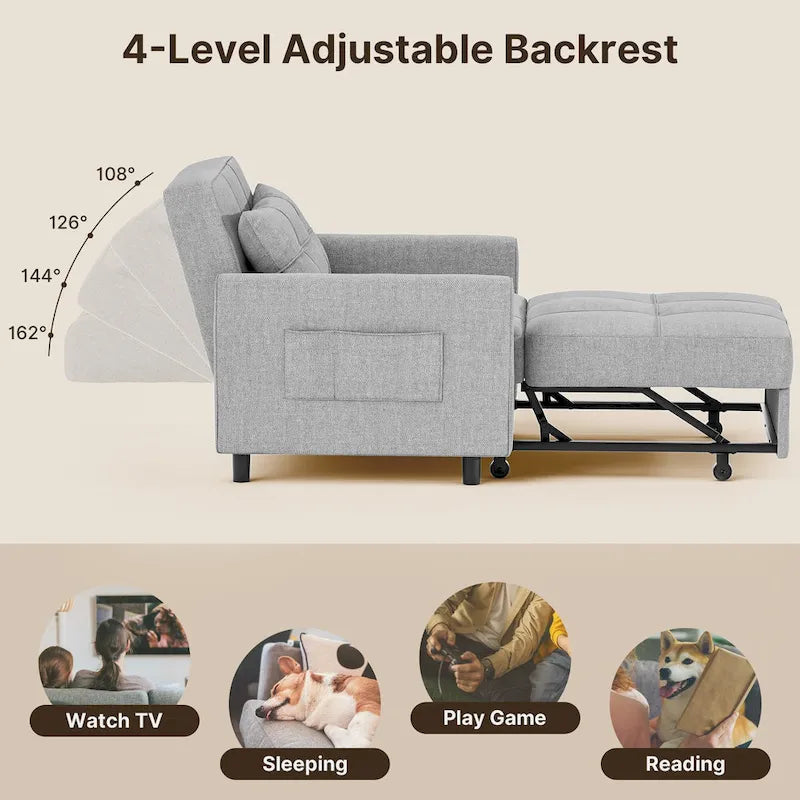 3-in-1 Schlafsofa, ausziehbarer Sessel, umwandelbarer, verstellbarer, klappbarer Polster-Lounge-Sofa