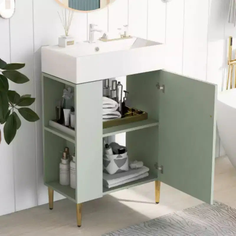 21.6 weißer Badezimmer-Waschtisch, Kombi-Schrank, Badezimmerschrank, Einzelkeramikwaschbecken, Stauraum auf der linken Seite
