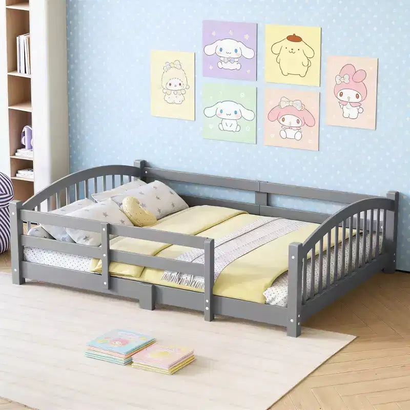 Luxystar Montessori-Bett in voller Größe mit niedriger Profilhöhe, Sicherheitsgittern und Kopfteil