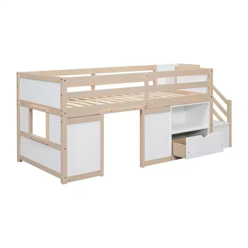 94.6L x 42.3B Massivholz-Hochbett in Twin-Größe mit Treppe, Schublade und Regal, modernes und klares Design