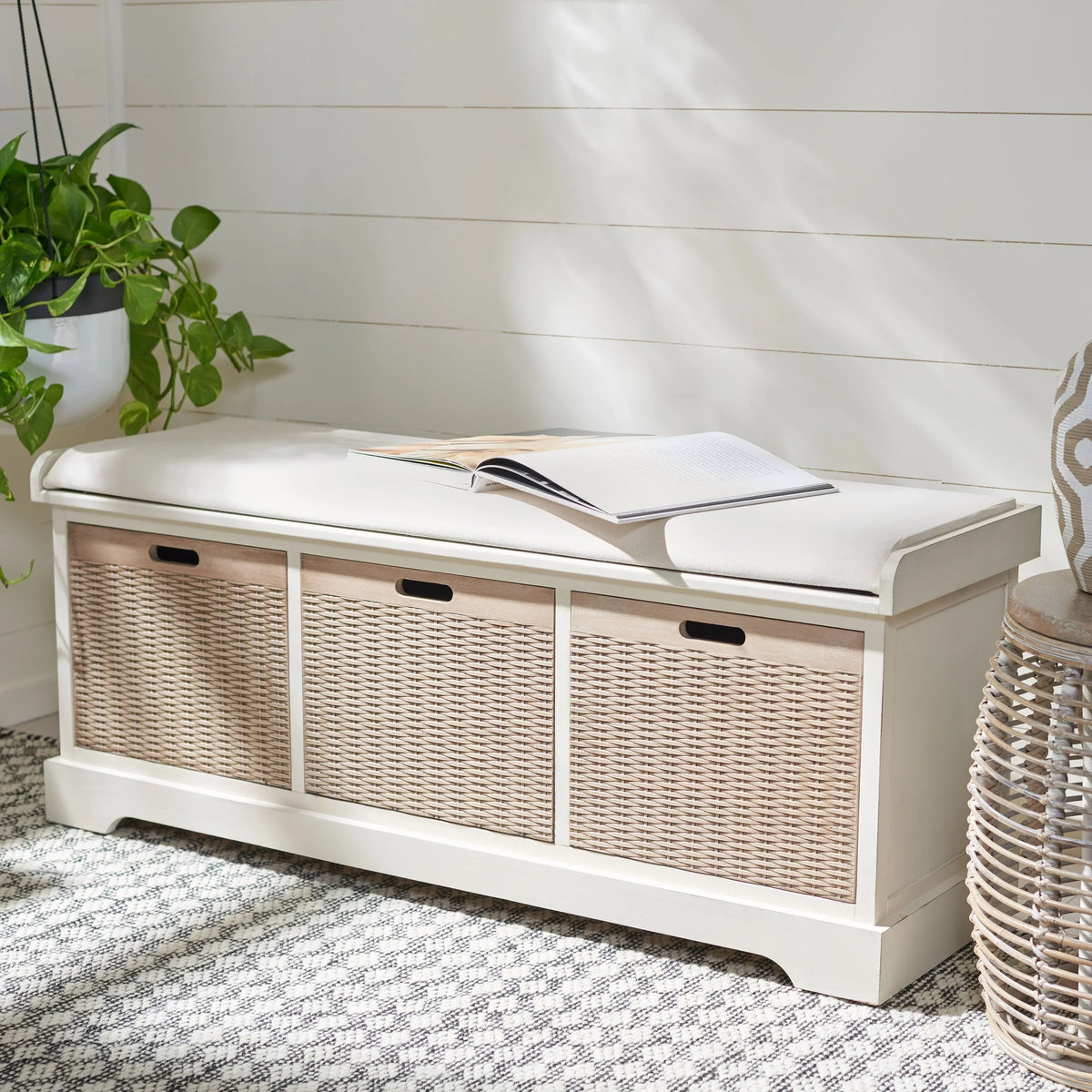 SAFAVIEH Fiorello 3-Schubladenbank mit Polsterung – 120 B x 38 T x 48 H cm – 120Bx38Tx48H