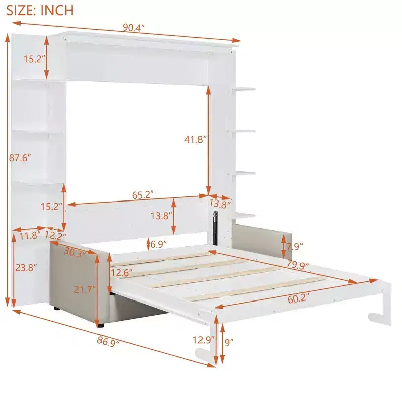 Whisen Modern Design Queen-Size Schrankbett mit Holzrahmen, Sofa und Regalen