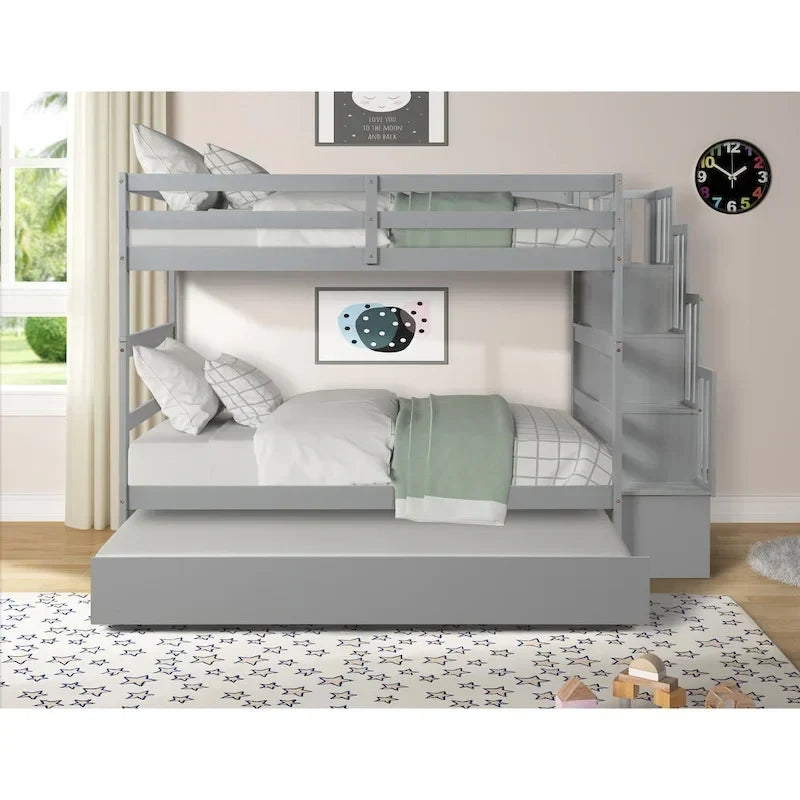 Etagenbett (Twin über Twin) mit ausziehbarem Bett und Treppe mit Stauraum in Grau