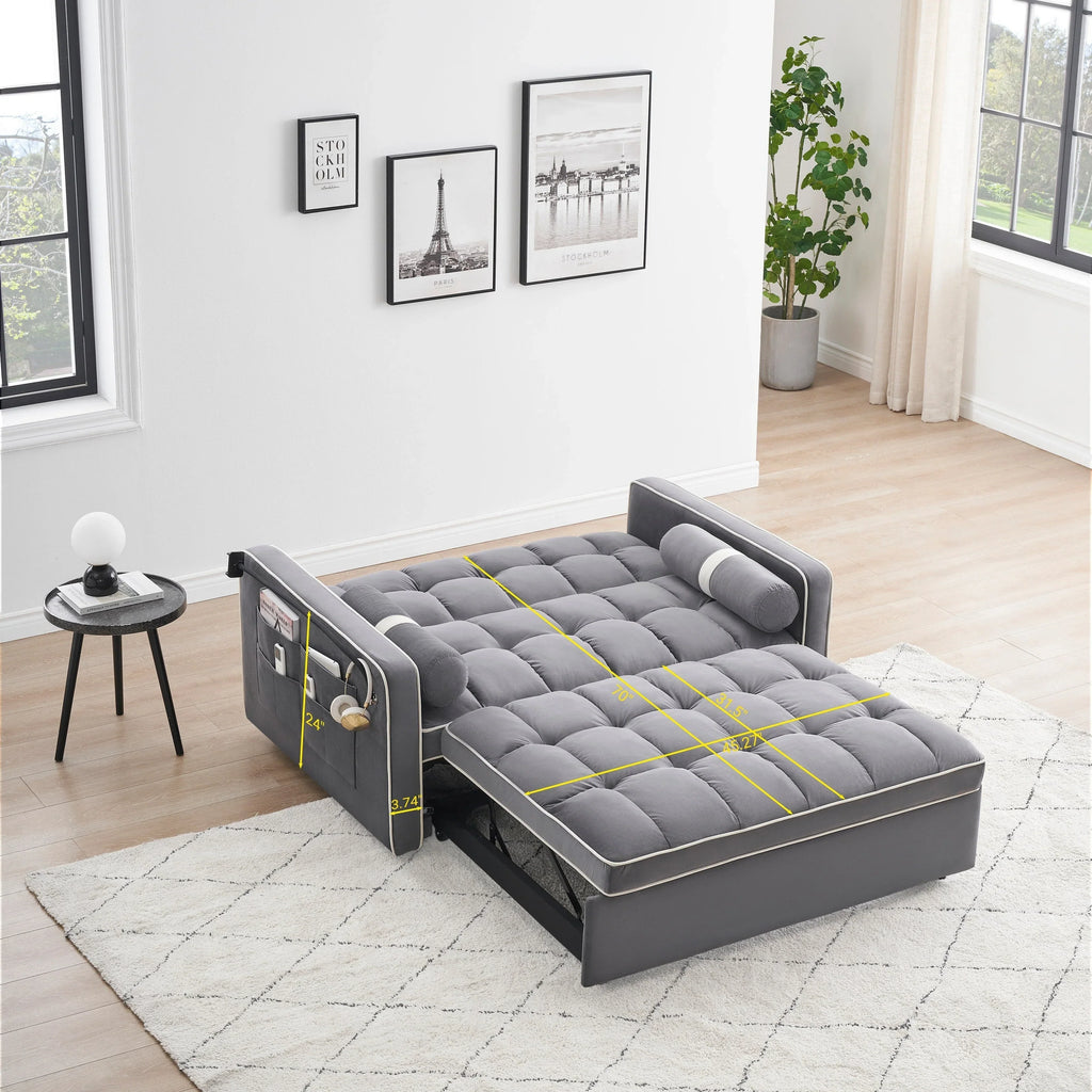 Samt-Schlafsofa zum Umbauen, 140 cm, 2-Sitzer, mit Ausziehbett, verstellbarer Rückenlehne, Seitentaschen und Handyhalterung