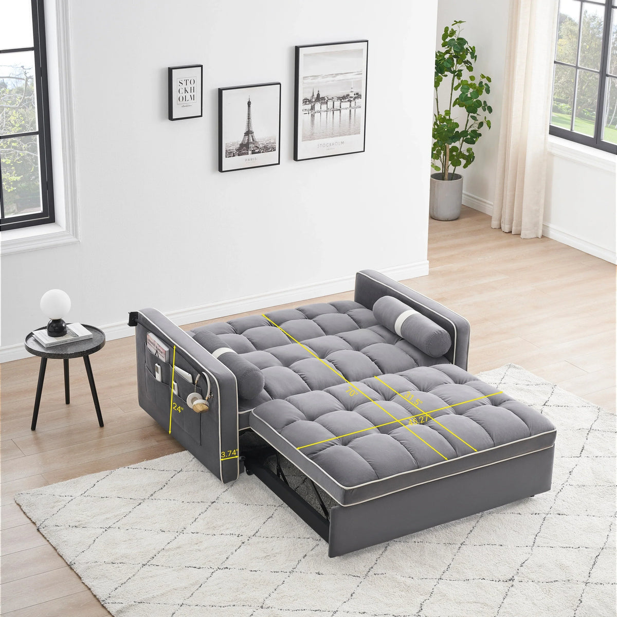 Samt-Schlafsofa zum Umbauen, 140 cm, 2-Sitzer, mit Ausziehbett, verstellbarer Rückenlehne, Seitentaschen und Handyhalterung