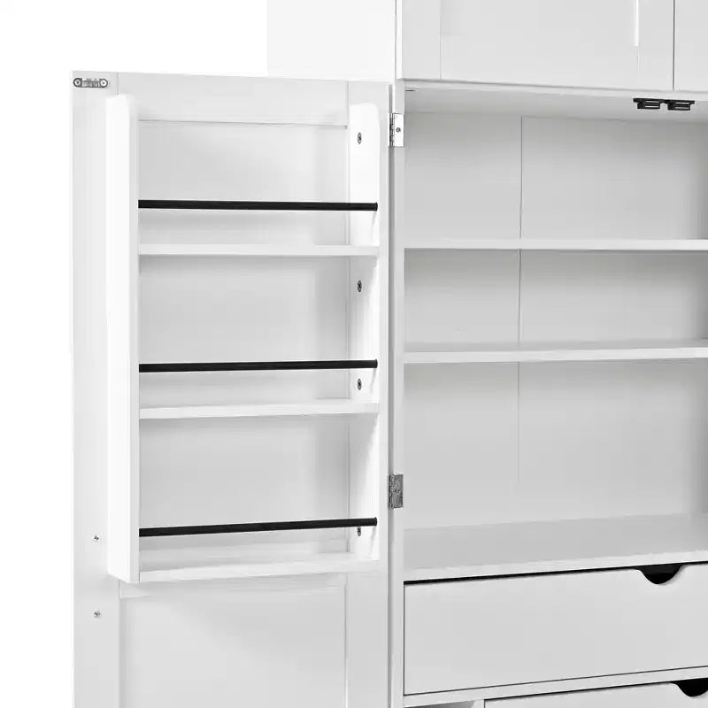 77H Freistehender Küchenschrank, Bauernhaus-Vorratskammer mit verstellbaren Einlegeböden, Türablagen, Schubladen und Weinregalen – ModernLuxe
